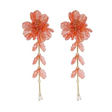 Imagem de Brincos de flor dourados, brincos de borla de folha de ginkgo biloba, brincos grandes de metal, brincos boêmios, pétalas em camadas, joia floral para mulheres, Large, Zinco, Liga metálica.