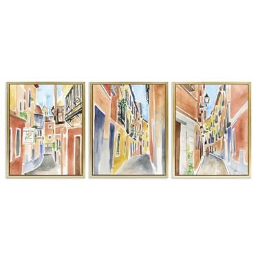 Imagem de Stupell Industries Conjunto de tela flutuante com moldura dourada de 3 peças de edifícios históricos da cidade de Madrid por June Erica Vess, 25 x 31