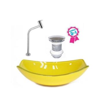 Imagem de Cuba de vidro oval chanfrada 51cm amarela + valvula click + torneira m