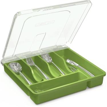 Imagem de Organizador de talheres com tampa, bandeja de utensílios coberta para gaveta de cozinha e bancada, caixa de armazenamento de talheres e talheres de plástico para colheres, garfos, suporte de facas