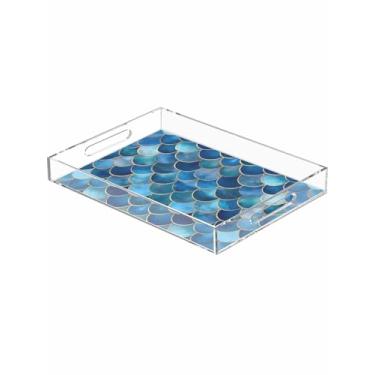 Imagem de Bandeja de acrílico abstrata para escamas de peixe azul escuro azul névoa gradiente, bandeja decorativa de plástico à prova de derramamento com alças para exibição de comida, organizador de bancada de