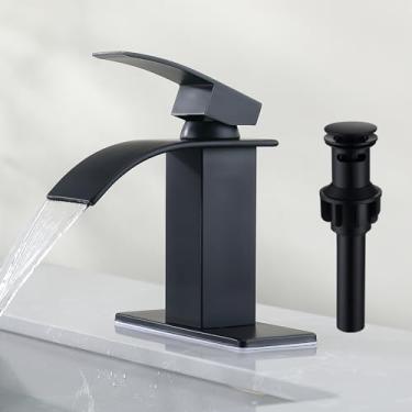 Imagem de SevenGelok Torneira de banheiro preta para pia de banheiro de 1 furo ou 3 furos de alça única SUS304 Torneira de pia de banheiro cachoeira de aço inoxidável com ralo pop-up com transbordamento