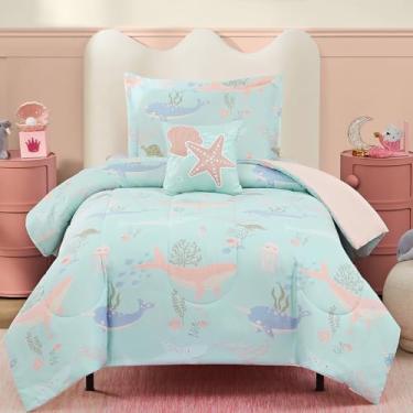 Imagem de Wink Deer Conjunto de edredom solteiro para meninos, 3 peças, animais do oceano, que brilham no escuro, 1 edredom, 1 fronha e 1 travesseiro decorativo