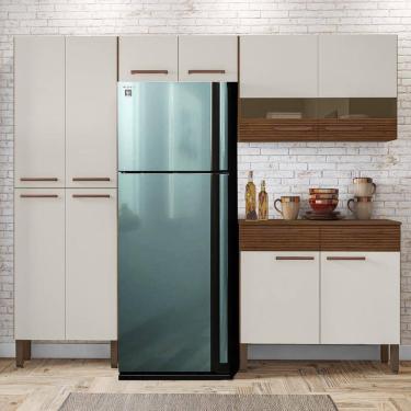 Imagem de Armário de Cozinha Compacta Nala 8 Portas, 2 Gavetas e Balcão com Tampo em MDP Nogueira/Off White/CP-Ripado - Kits Paraná