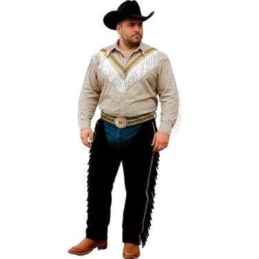 Imagem de Roupa Country Masculina Plus Size Com Chaps Cinto e Camisa Com Franja Fantasia Adulta Cowboy Boiadeiro Vaqueiro (Bege, GG 46-48)