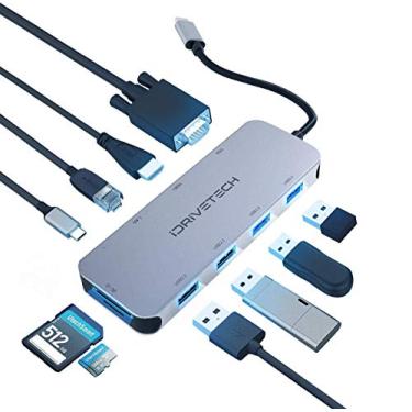 Imagem de Adaptador multiportas USB C Hub – Estação de ancoragem 10 em 1 iDriveTech – 4 portas USB 3.0, adaptador HDMI USB C, leitor de cartão SD/TF, portas VGA, porta Gigabit Ethernet, porta USB C – Compatível