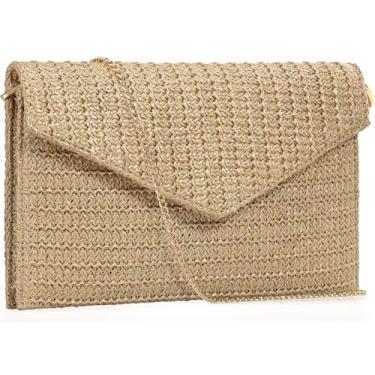 Imagem de Venoline Bolsa clutch de palha de verão para mulheres, elegante bolsa transversal de praia, bolsa boho para noite, Caqui, Large
