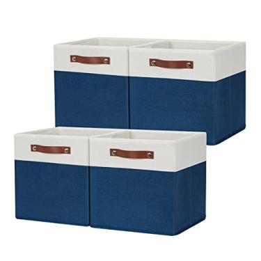 Imagem de Cestas HNZIGE quadradas de armazenamento para organização, de tecido, com alças, decorativas, para casa, brinquedos, closet e berçário, 30 x 30 cm, 4 unidades (azul e branco)