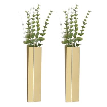 Imagem de Pretty Jolly Vaso de metal de eucalipto para decoração de parede moderno, boêmio, escultura de parede interna de flores artificiais para sala de estar, quarto, conjunto de 2 dourados
