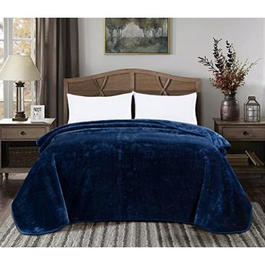 Imagem de Chezmoi Collection Cobertor De Vison Sintético Estilo Coreano De 9 Libras, Grosso, Sedoso E Macio, 750 G/M², Cobertor De Vison Raschel, 85" X 95" King, Azul Marinho Sólido