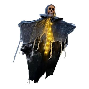 Imagem de Fancyes Caveira pendurada de Halloween, decoração de quintal com caveira assustadora e iluminação, esqueleto pendurado de terror para e quintal, Iluminação Quente