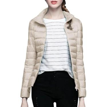 Imagem de Jaquetas Compactáveis Para Mulheres Inverno, Jaquetas Acolchoadas Jaquetas Femininas De Cor Sólida Com Colarinho Fino Ultra Sem Chapéu E Bolsa De Armazenamento, White, XXL