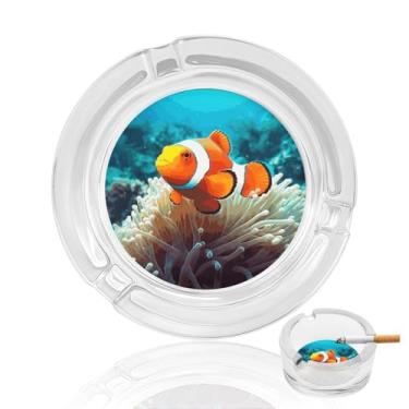 Imagem de Cinzeiro de vidro cristal de peixe palhaço, cinzeiro redondo de vidro resistente para fumar cinzeiro portátil decorativo moderno para uso em casa, escritório, interior, exterior, pátio