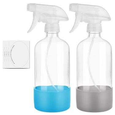 Imagem de hmaimas Frascos de spray de vidro para soluções de limpeza, frasco de spray vazio transparente reutilizável de 473 ml com manga de silicone para cabelo, plantas e óleos essenciais, pacote com 2 (azul