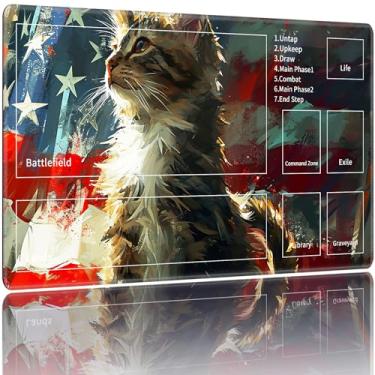 Imagem de ACWDMKH MTG Playmats for Magic The Gathering-Play Mat,Game Play Mat for MTG TCG 24" x 14" Board Game Card Game Trading Card Game Play Mat with Zones&Storage Bag,Mousepad Desk Mats,American Flag Cat