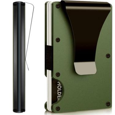 Imagem de Carteira masculina Leatherboss com bloqueio de RFID, porta-cartões de metal minimalista, com clipe para dinheiro, cartões de crédito e dinheiro (verde militar)