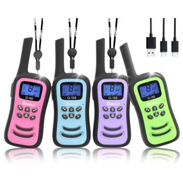Imagem de QNIGLO Walkie Talkies para crianças, Walkie Talkies recarregáveis, pacote com 4, rádios VOX bidirecionais com lanterna de LED, brinquedos para crianças de 3 a 14 anos, aventura ao ar livre