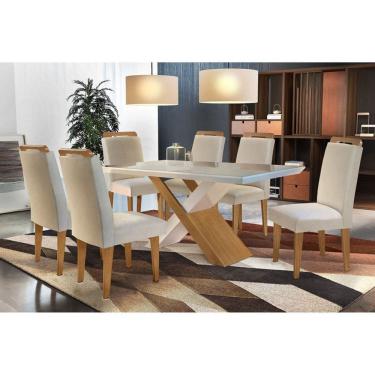 Imagem de Sala de Jantar Completa Imperatriz Tampo Madeirado c/ Vidro Canto Reto 180x90cm e 6 Cadeiras Athenas Capuccino/Suede Creme - Rufato