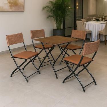 Imagem de Jogo De Mesa Dobrável Imbuia Com 4 Cadeiras Junco Caramelo