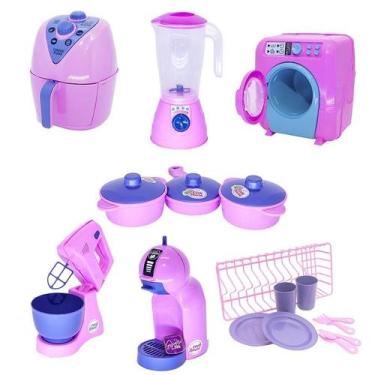 Imagem de Kit Cozinha Infantil Rosa Air Fryer Panela Máquina Lavar 18P - Altimar