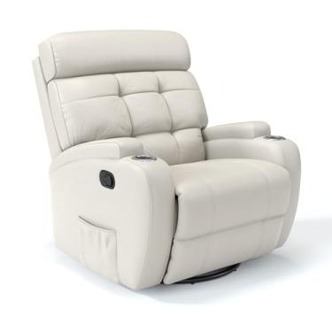 Imagem de Poltrona do papai Reclinável Manual Com base Giratória e Balanço em Couro Bovino (Off White)