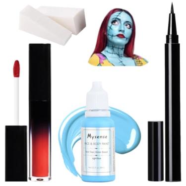 Imagem de Mysense Kit De Maquiagem Sally, Fantasia Halloween, Noiva Cadáver, Acessórios Cosplay Sally Face Para Mulheres, Meninas E Crianças, Tinta Azul Claro + Batom Vermelho Delineador Líquido Preto Esponja