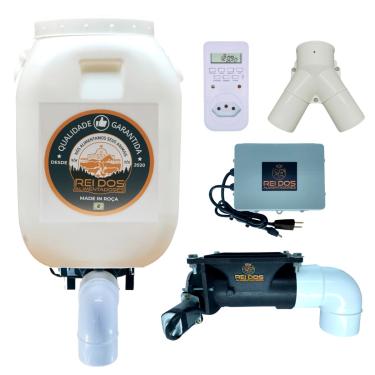 Imagem de Alimentador Automático com Reservatório de Ração de 50 Litros e Divisor Y para 02 Animais, Programável via Timer Convencional Bivolt, Ideal para Cachorro Cavalo Bovino Ovelha Porco Aves Galinha Peixes
