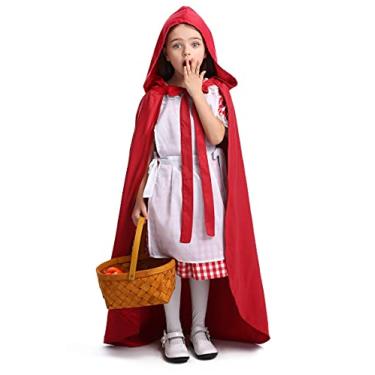 Imagem de MQZQP Fantasia de chapeuzinho vermelho para meninas, vestido de chapeuzinho vermelho e capa vermelha com capuz, fantasia de Halloween para meninas