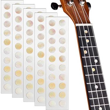 Imagem de 100 peças, 5 folhas, marcadores de traste de pontos, adesivos de escala de guitarra decalque de pescoço de guitarra para ukulele baixo banjo envelhecido pérola branca, 0,25 polegadas (6,35 mm)