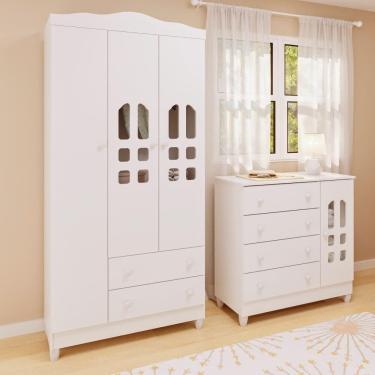 Imagem de Quarto de Bebê Cômoda com Fraldário Guarda Roupa 3 Portas Mirelle Branco Carolina Baby