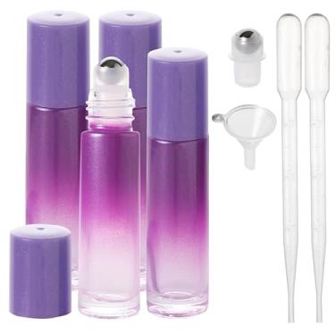 Imagem de SESENSE Frascos de rolo de óleo essencial, frascos de perfume de vidro espesso de 10 ml com abridor de funil e conta-gotas, frascos vazios de vidro colorido com esferas de aço inoxidável (roxo, pacote