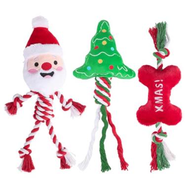 Imagem de PUPTECK Brinquedos de mastigar barulhentos para cães de Natal – 2 peças de brinquedos de pelúcia engraçados de Papai Noel e alce para filhotes de estimação brincando