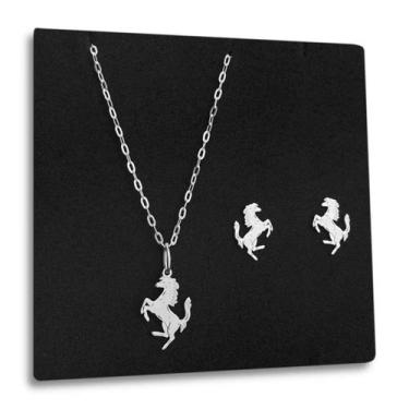 Imagem de Corrente Pingente e Brinco Cavalo de Prata 925 Original 45cm - Hakuna 