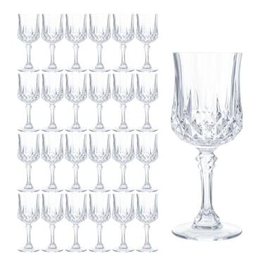 Imagem de Slomg Pacote com 24 taças de vinho de plástico de 200 ml com haste, copos vintage de água cristalina para bebidas, copos de bebida reutilizáveis inquebráveis para recepção de casamento, grande evento