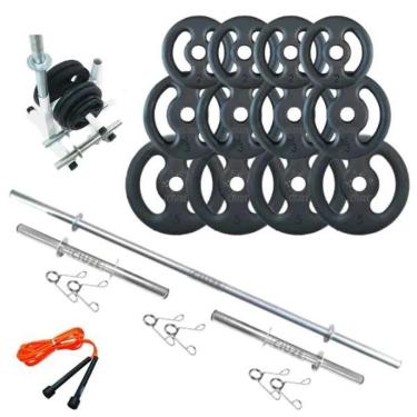 Imagem de Kit Anilhas Ferro Fundido 40 Kg+ 3 Barras + Corda + Suporte-Masculino