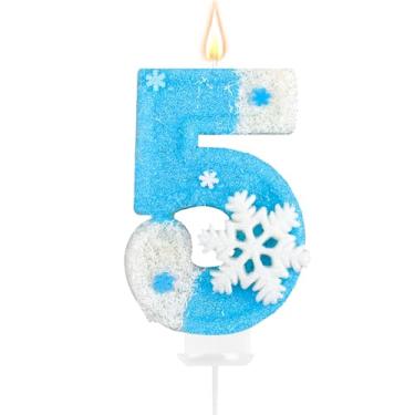 Imagem de Decorações de festa de aniversário Frozen, vela de aniversário número 5, lembrancinhas de festa de aniversário congeladas, vela de feliz aniversário para bolo, enfeite de bolo de floco de neve azul
