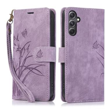 Imagem de Capa carteira para Samsung Galaxy A55 5G, capa de telefone de couro com padrão de borboleta orquídea com 3 compartimentos para cartão e 1 compartimento para dinheiro, fivela magnética à prova de