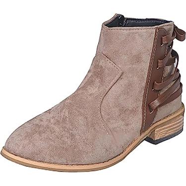 Imagem de Botas de cano curto femininas bico redondo salto baixo moda zíper lateral grosso empilhado botas curtas com estampa de leopardo, Cáqui, 39 BR