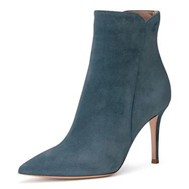 Imagem de JANSEVEN Botas femininas de salto alto, salto alto, bico fino, confortável, sexy, clássica, botas curtas, Camurça azul bebê, 35