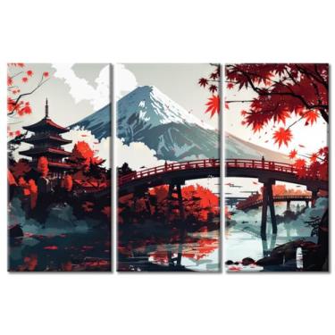 Imagem de Arte de parede japonesa com 3 painéis, pagode japonês, ponte e monte Fuji, impressão em tela, arte de parede para quarto, pintura de parede de paisagem para sala de estar emoldurada pronta para