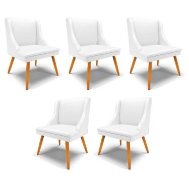 Imagem de Kit 5 Cadeiras Decorativas Sala De Jantar Pés Palito De Madeira Firenze Pu Branco Fosco/natural G19 - Gran Belo