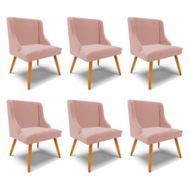 Imagem de Kit 6 Cadeiras Decorativas Sala De Jantar Pés Palito De Madeira Firenze Veludo Rosê/natural G19 - Gran Belo