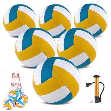 Imagem de Pacote com 6 bolas de vôlei oficiais tamanho 5, bolas de vôlei recreativas à prova d'água com bomba e bolsa de rede para uso interno e externo, praia, areia, água, piscina, jogo de treinamento para
