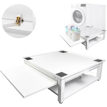 Imagem de Pedestais de lavadora e secadora com prateleira removível - 73,7 cm L, 25,4 cm A, aço branco ajuste universal com as principais marcas | Pedestal de lavanderia com bandeja de drenagem e mangueira |