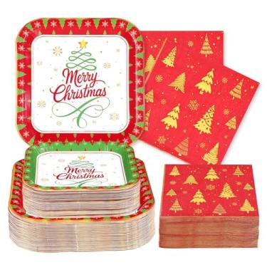 Imagem de 200 peças de pratos e guardanapos de Feliz Natal, suprimentos para festa de Natal, pratos de sobremesa, árvores de Natal, vermelho e verde, conjuntos de utensílios de mesa para decoração de festa de