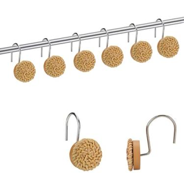 Imagem de 12 ganchos de cortina de chuveiro de vime boêmio, anéis de cortina de chuveiro de vime decorativos de fazenda, ganchos decorativos vintage para varões de cortina de chuveiro de banheiro, ganchos