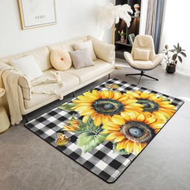 Imagem de Erosebridal Tapete de área de girassóis 12 x 17 cm para cabeceira, tapete floral rústico de fazenda, tapete de flores amarelas de jardim feminino, tapete xadrez preto e branco patchwork para sala de estar antiderrapante lavável