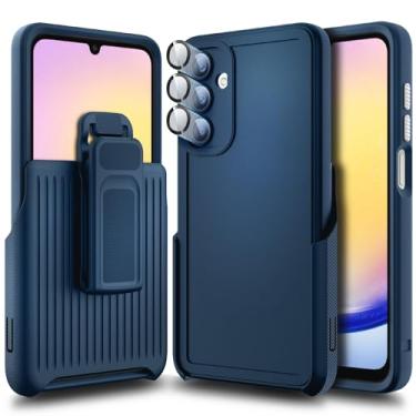 Imagem de WDHD Capa projetada para Samsung Galaxy A25 5G com vidro temperado integrado (protetor de lente da câmera), suporte para coldre com clipe de cinto, capa protetora resistente à prova de choque (azul)