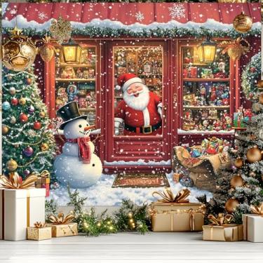 Imagem de BlissYard Banner de pano de fundo para loja de brinquedos de Papai Noel 2,4 x 1,8 m, boneco de neve, árvore de Natal, faixa de Natal, decoração de festa de inverno, fundo fotográfico para celebração