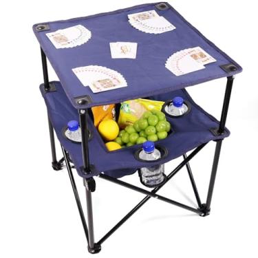 Imagem de NiuXTool Mesa de acampamento dobrável portátil com porta-copos – Mesa leve e compacta de 2 níveis para ambientes externos com armazenamento, ideal para jogos de cartas, lanches, piqueniques, passeios